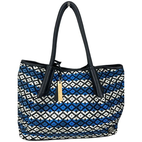 Vince Camuto Blue White Woven Harlo Tote Shoulder Leather Blend Purse - Picture 1 of 15